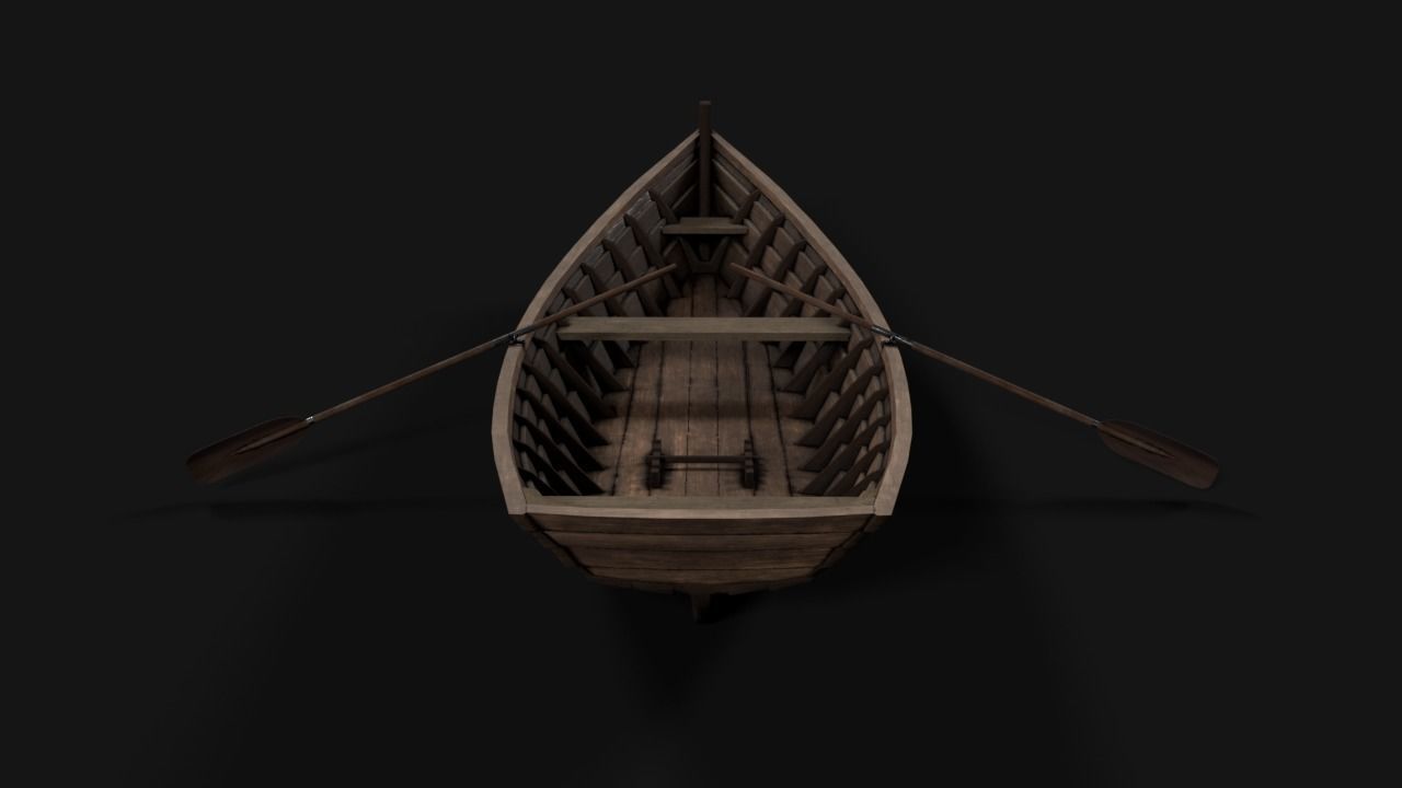 wooden boat with oars Low-poly 3D model_3