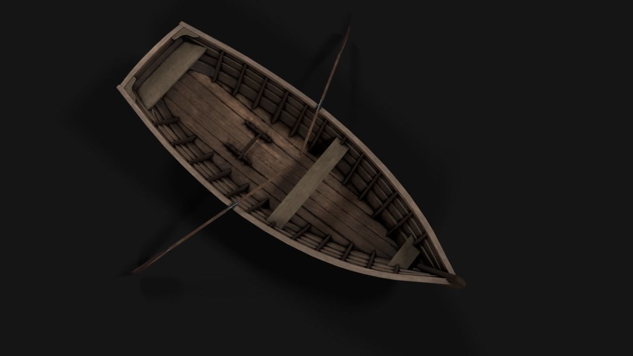 wooden boat with oars Low-poly 3D model_1