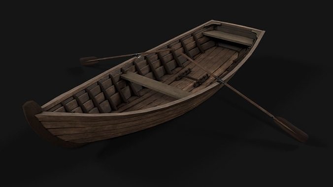 wooden boat with oars Low-poly 3D model