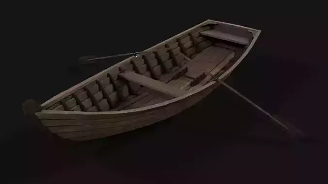 wooden boat with oars Low-poly 3D model