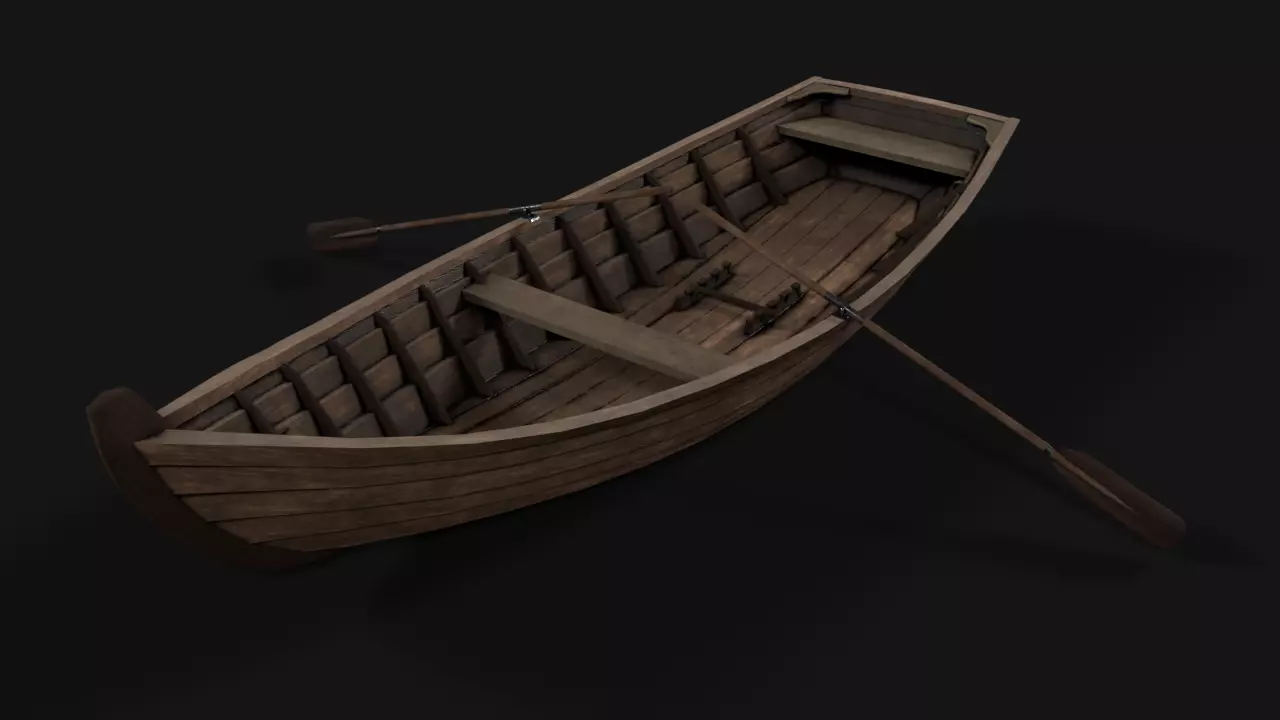 wooden boat with oars Low-poly 3D model_0