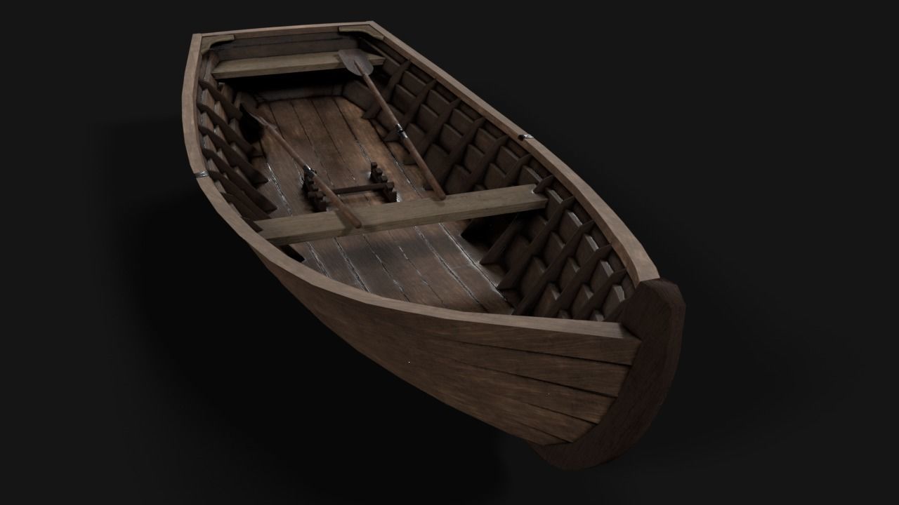 wooden boat with oars Low-poly 3D model_6