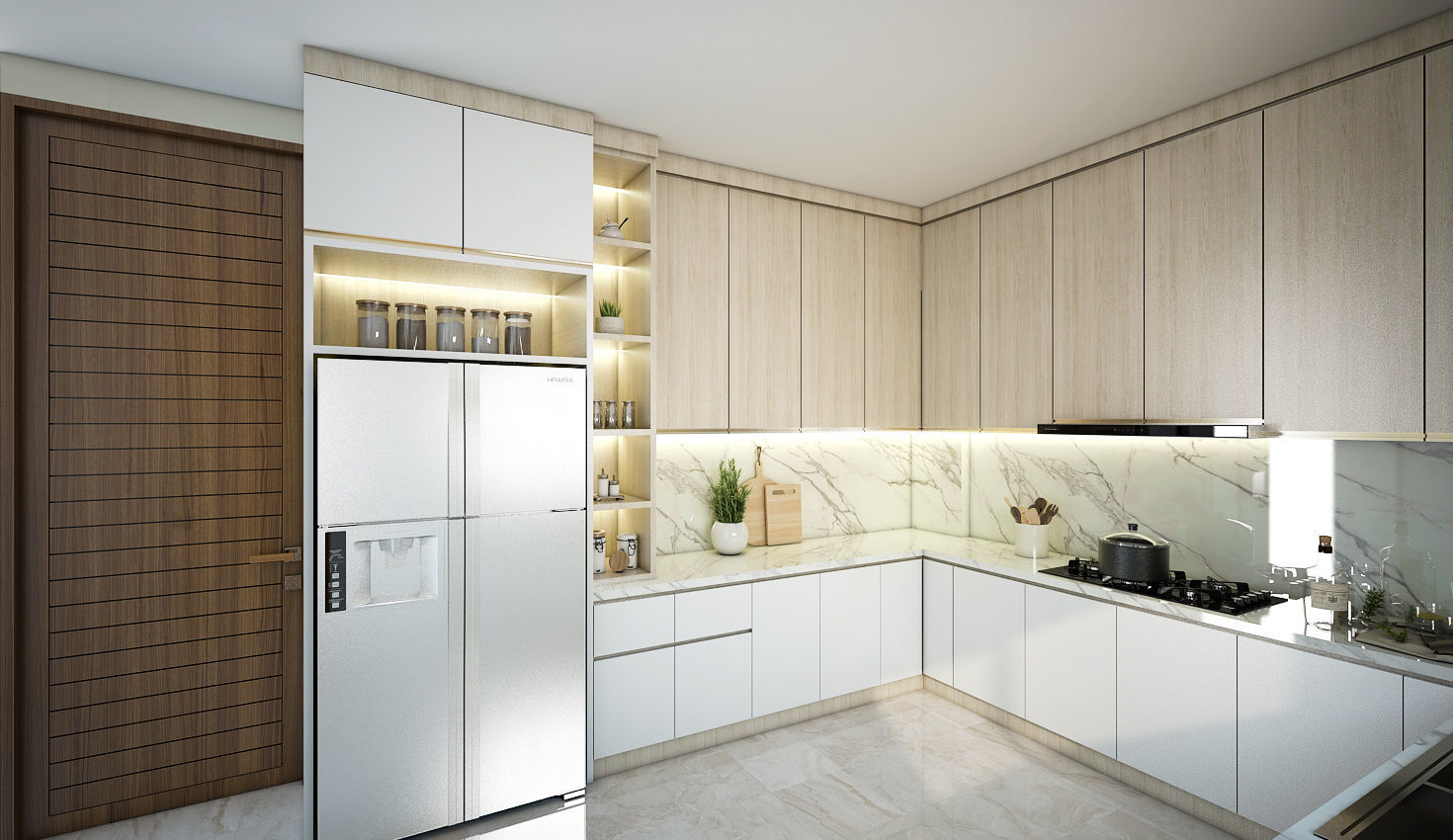 Kitchen Set modern with wooden cabinets and marble counter tops 3D model_2