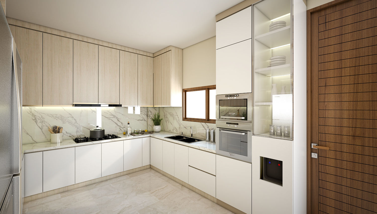 Kitchen Set modern with wooden cabinets and marble counter tops 3D model_3
