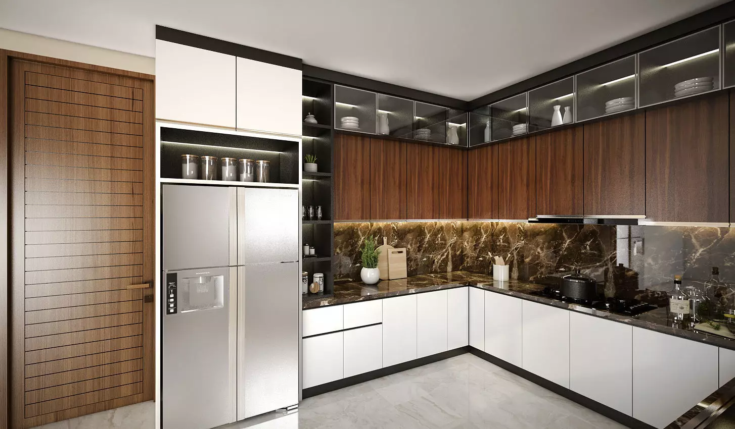 Kitchen Set modern with wooden cabinets and marble counter tops 3D model_0