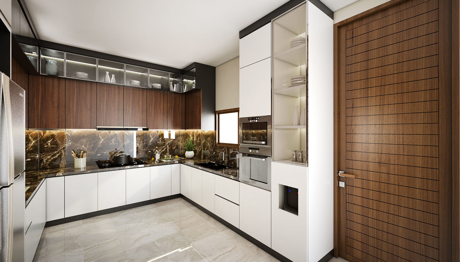 Kitchen Set modern with wooden cabinets and marble counter tops 3D model_1