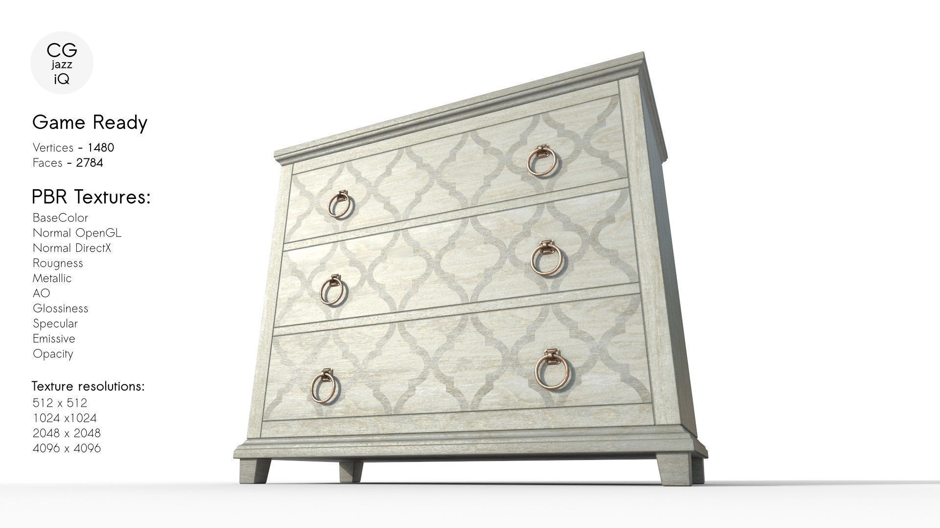 Three Drawer Hall Chest Low-poly 3D model_3