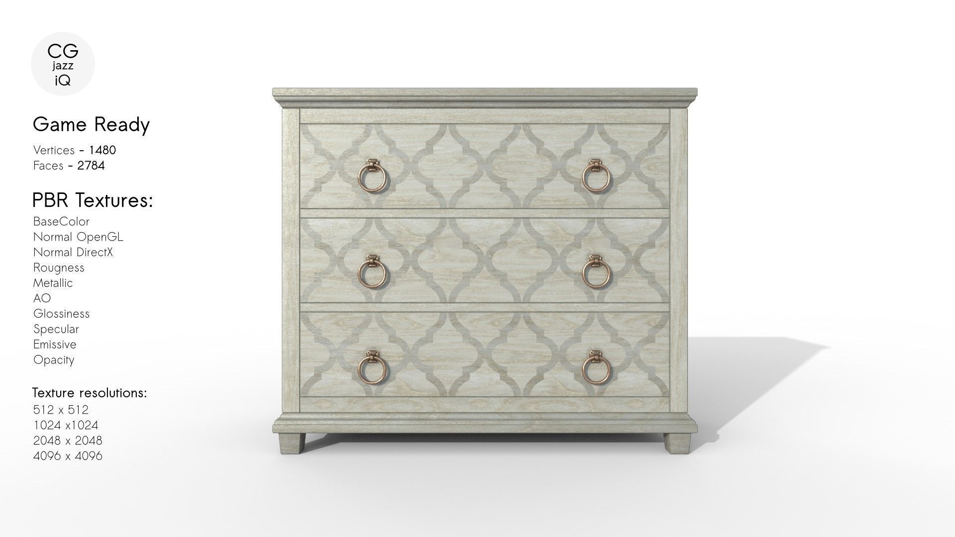 Three Drawer Hall Chest Low-poly 3D model_2