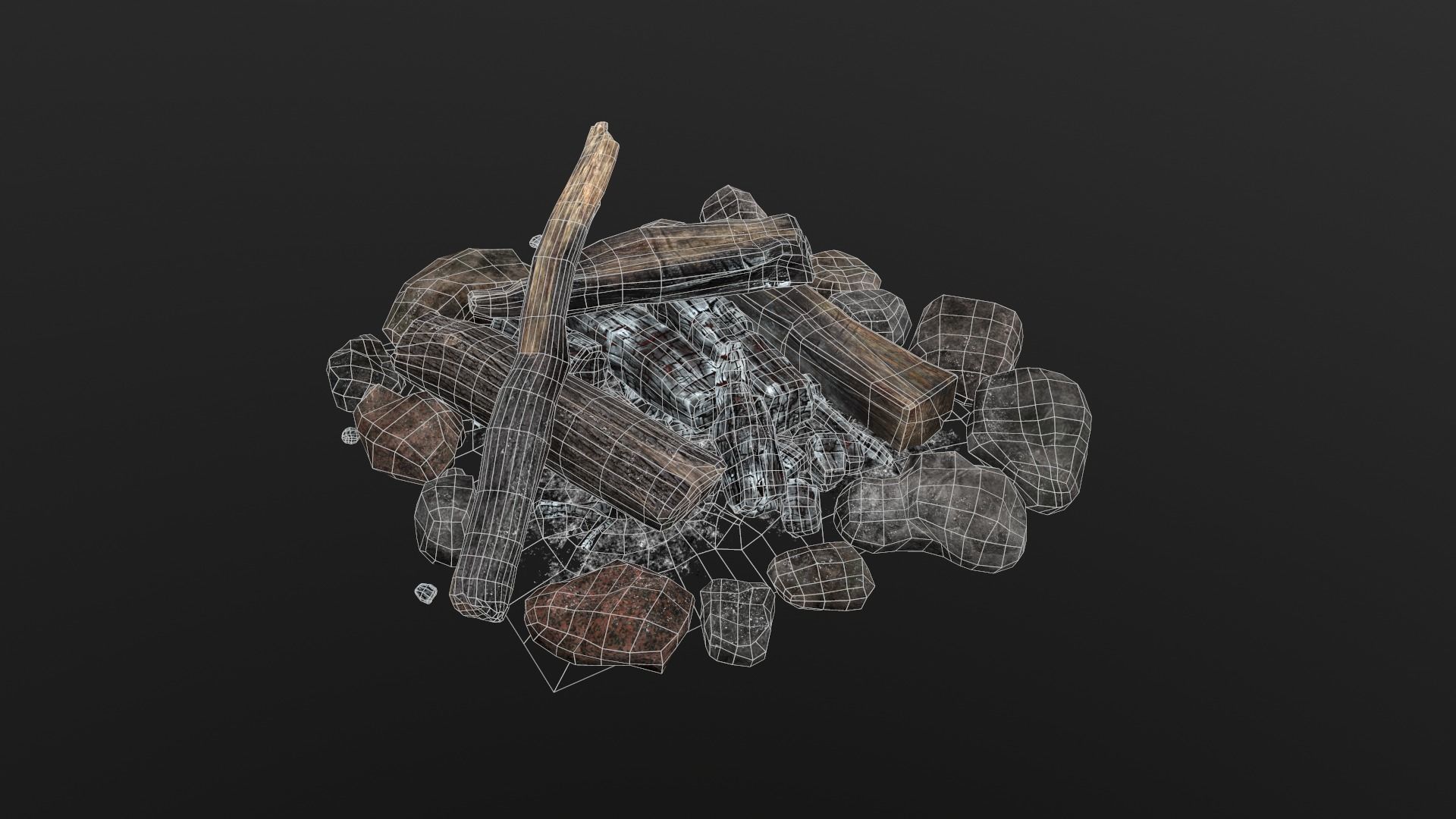 The Bonfire fire pit with logs and rocks Low-poly 3D model_16