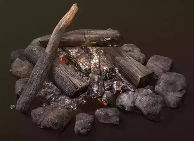 The Bonfire fire pit with logs and rocks Low-poly 3D model