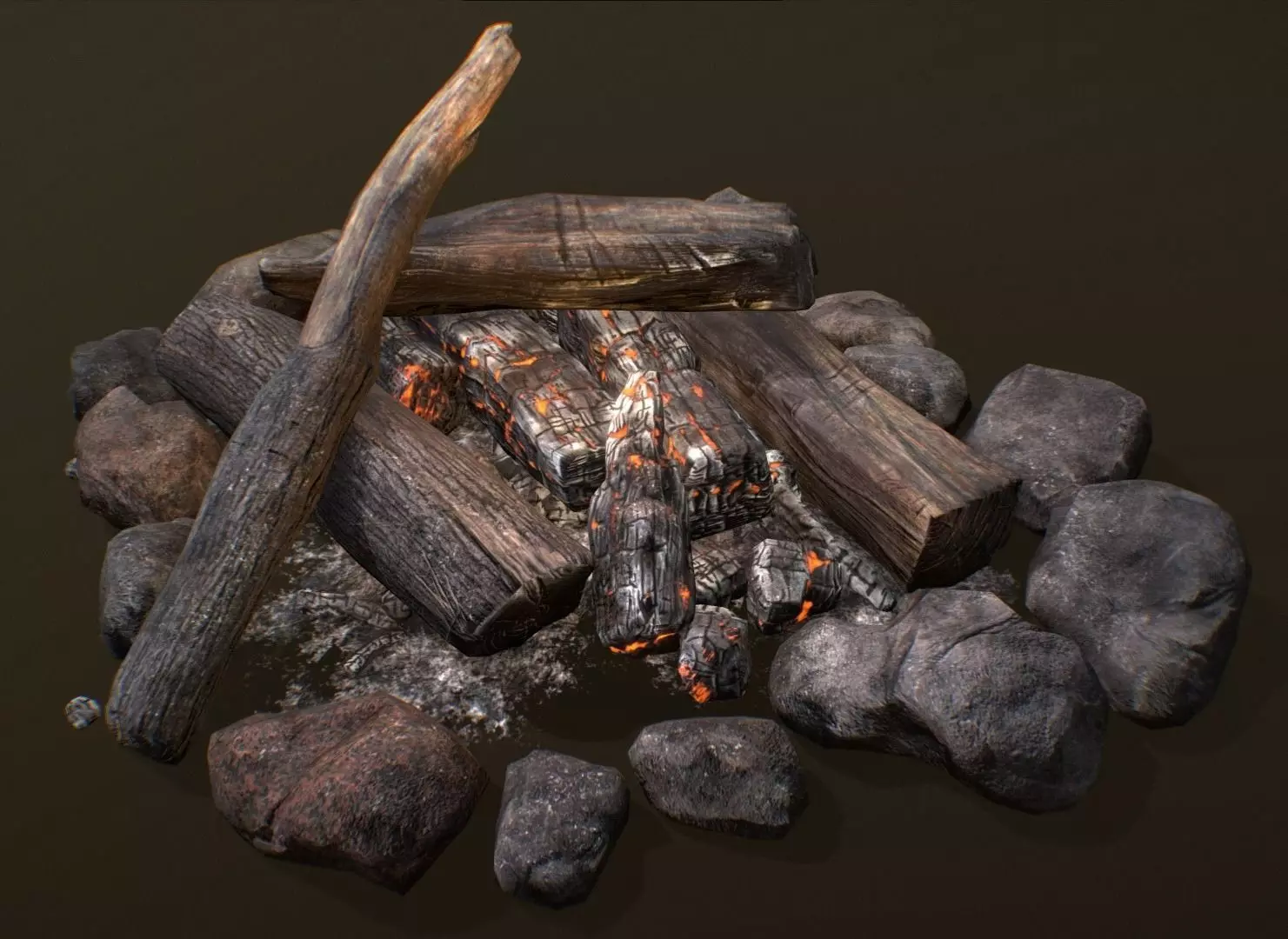 The Bonfire fire pit with logs and rocks Low-poly 3D model_0