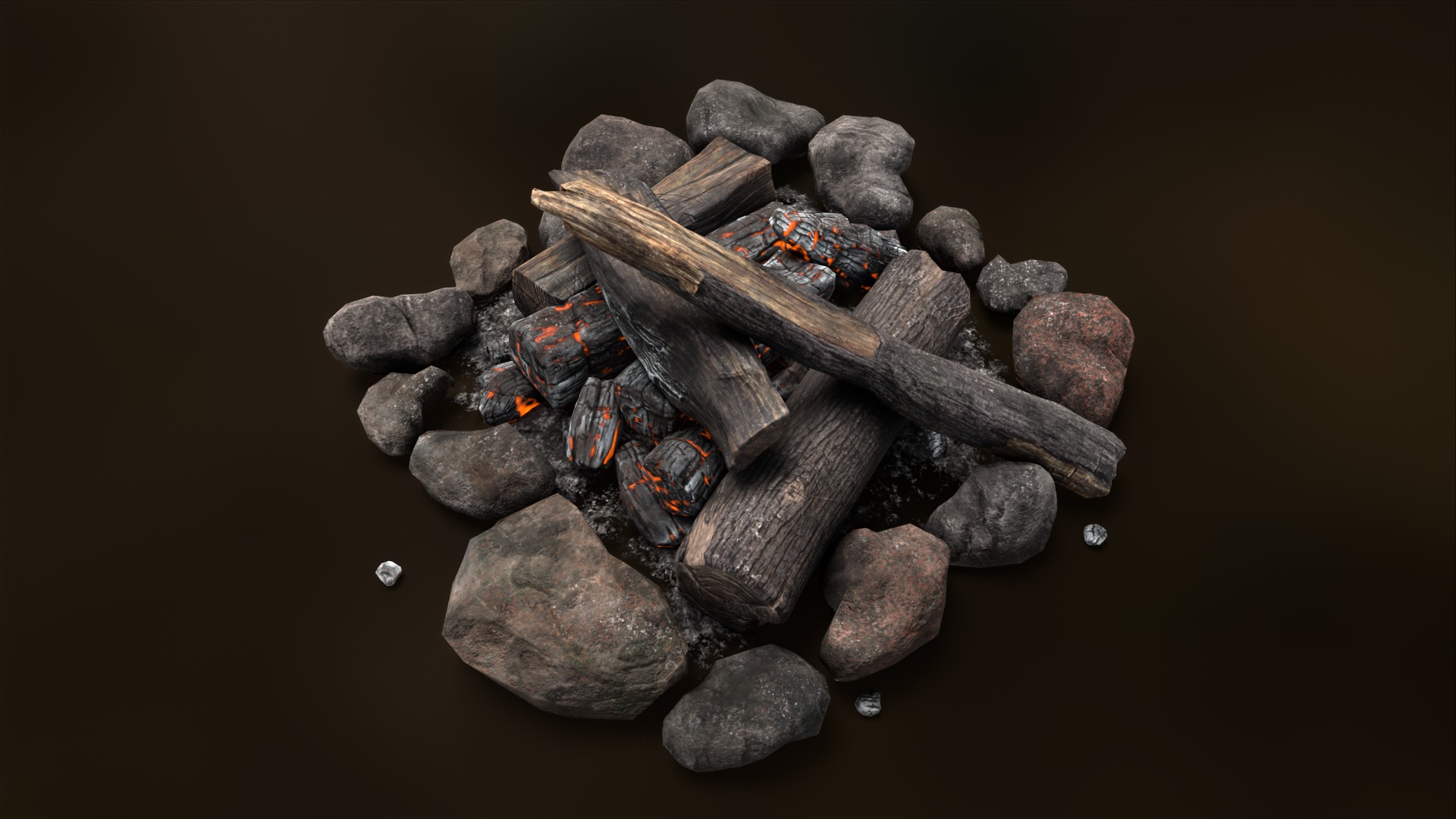 The Bonfire fire pit with logs and rocks Low-poly 3D model_8