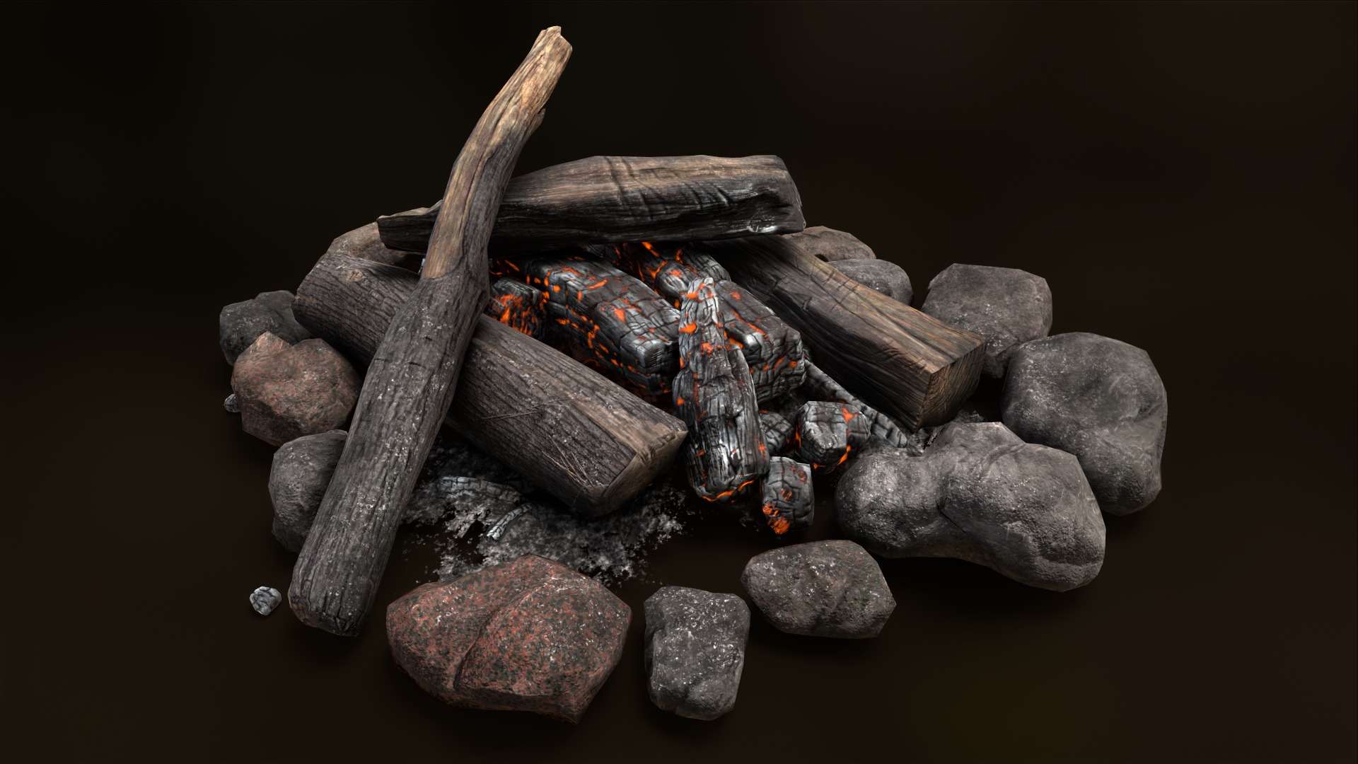 The Bonfire fire pit with logs and rocks Low-poly 3D model_9
