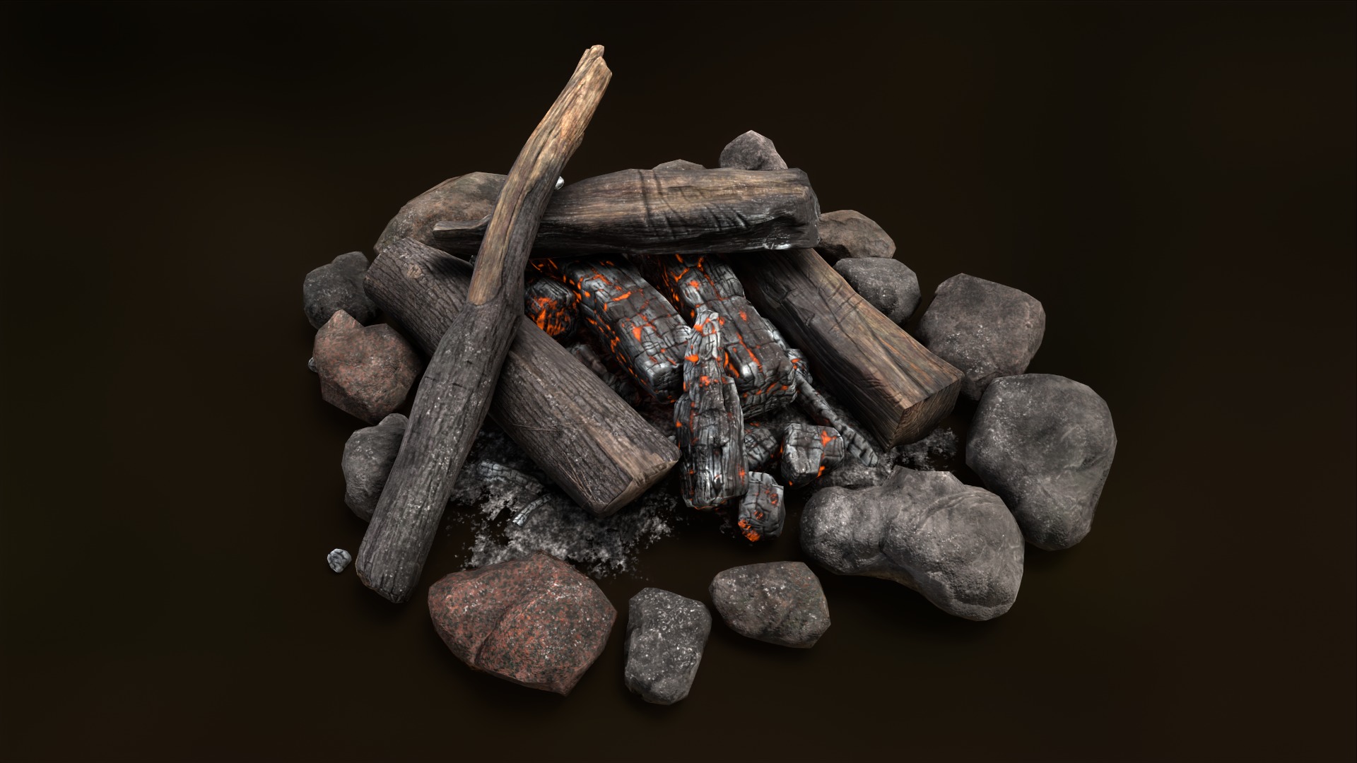 The Bonfire fire pit with logs and rocks Low-poly 3D model_7