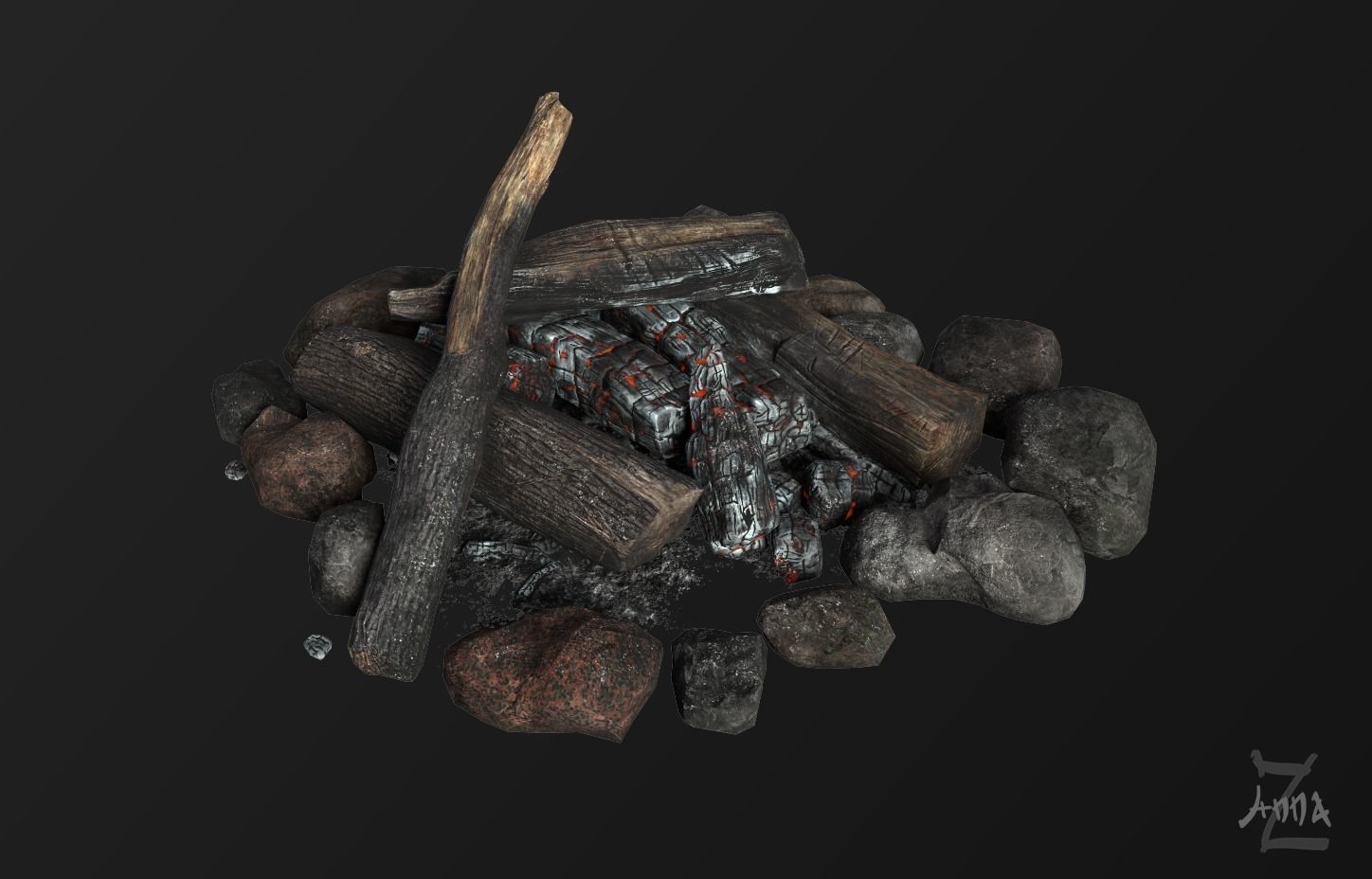 The Bonfire fire pit with logs and rocks Low-poly 3D model_12