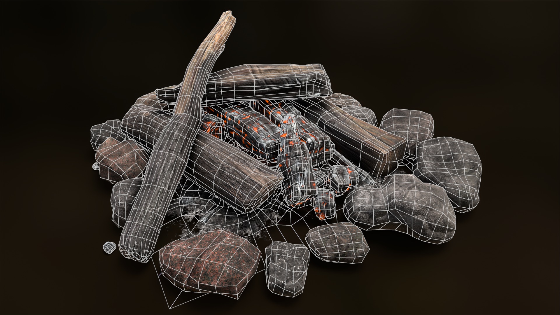 The Bonfire fire pit with logs and rocks Low-poly 3D model_10