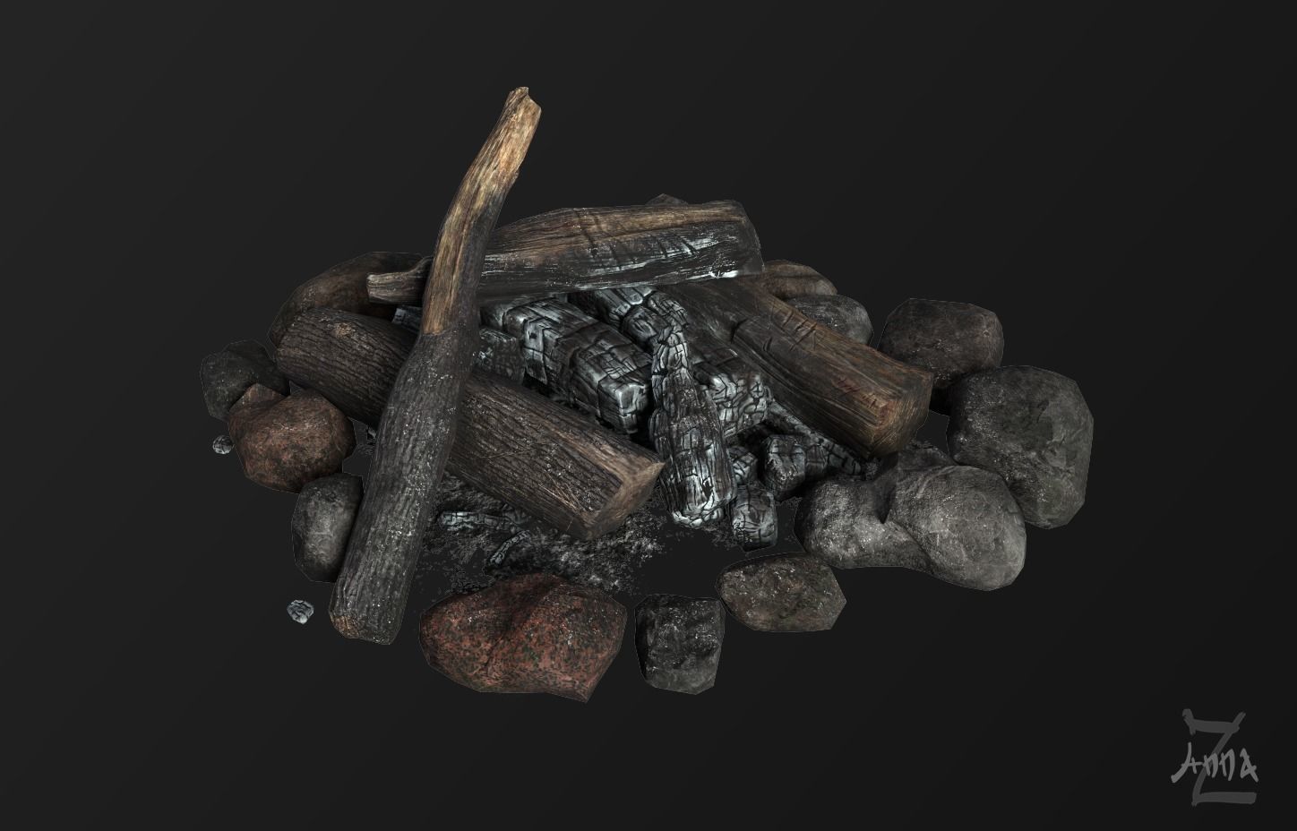 The Bonfire fire pit with logs and rocks Low-poly 3D model_13