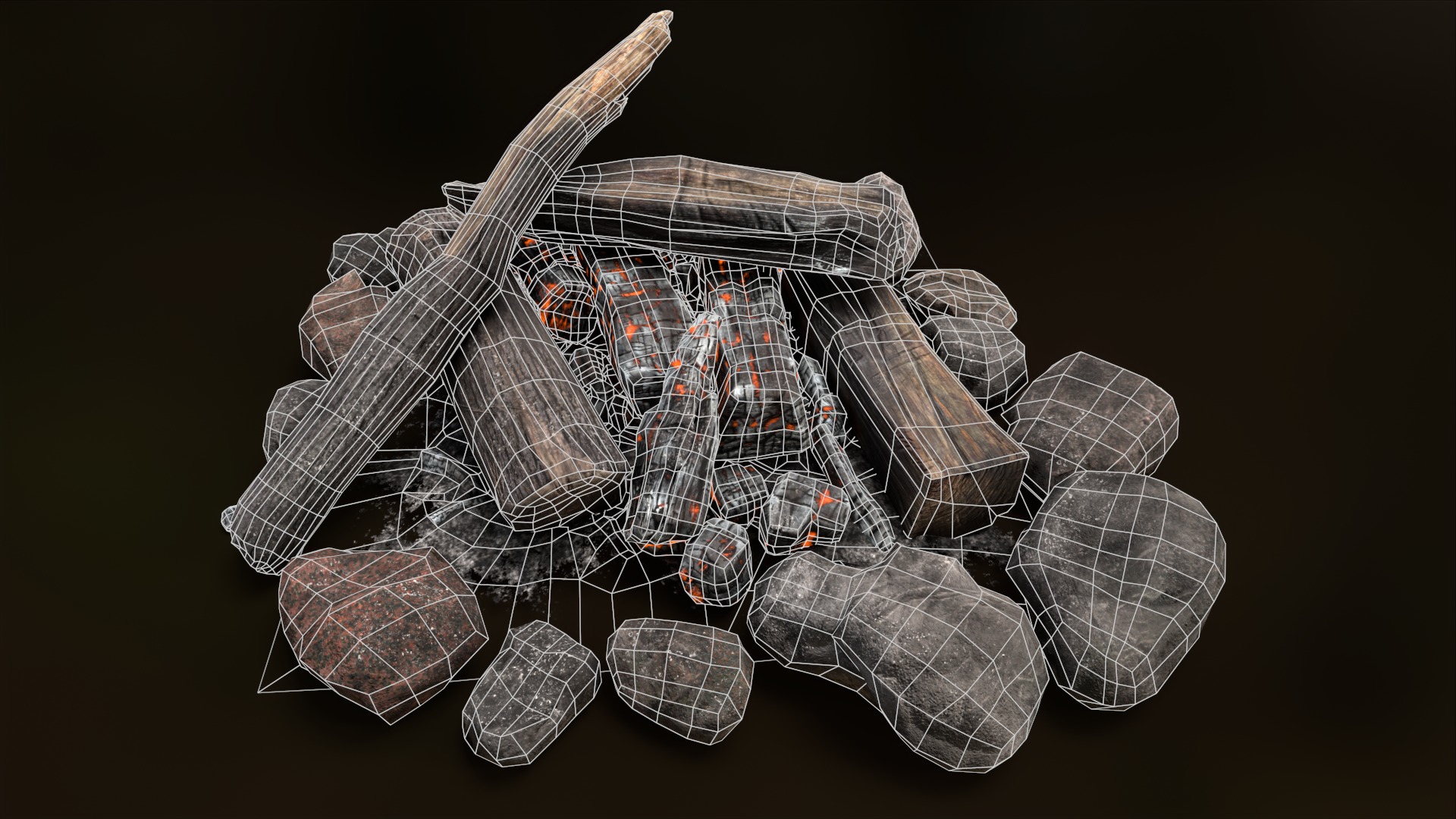 The Bonfire fire pit with logs and rocks Low-poly 3D model_11