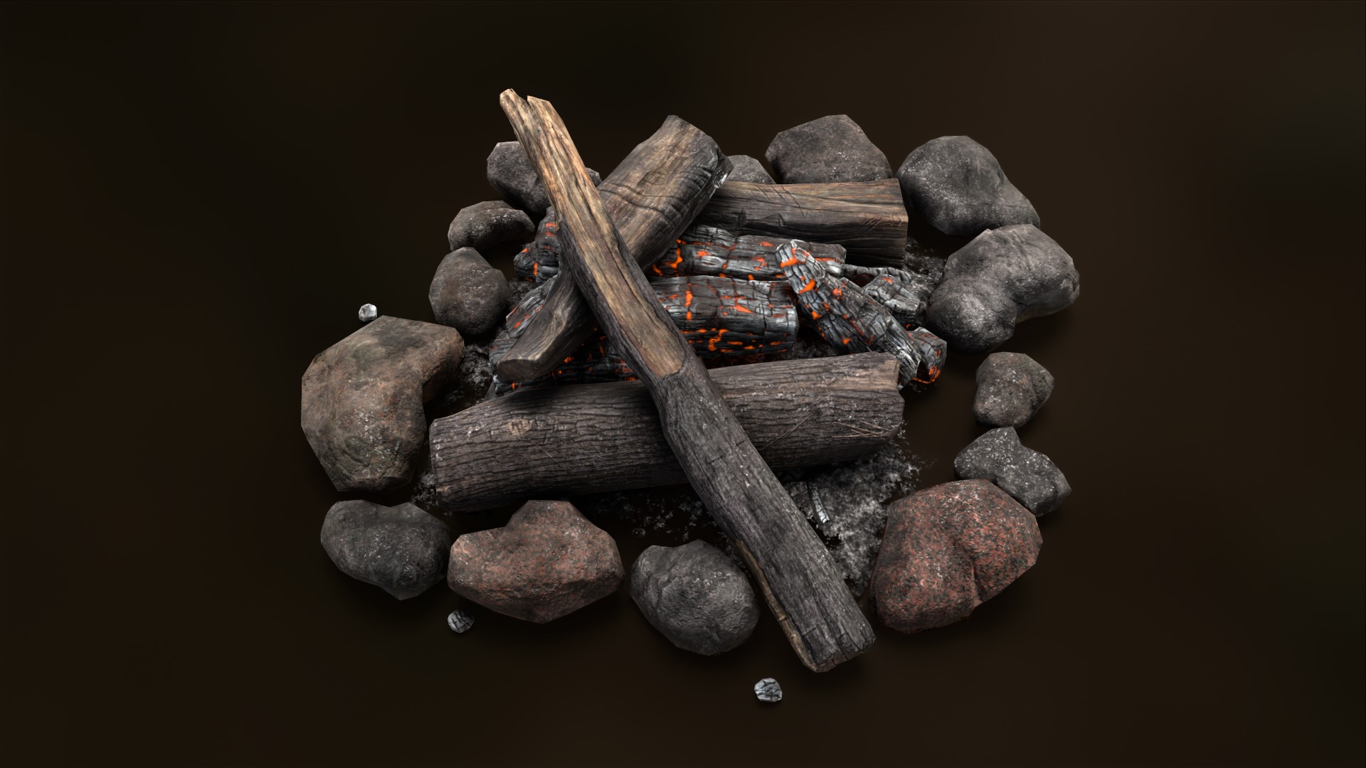 The Bonfire fire pit with logs and rocks Low-poly 3D model_4