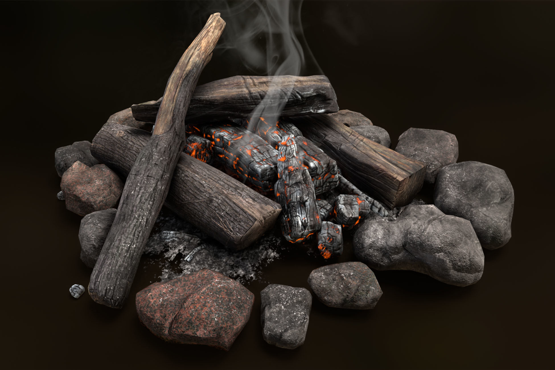 The Bonfire fire pit with logs and rocks Low-poly 3D model_2
