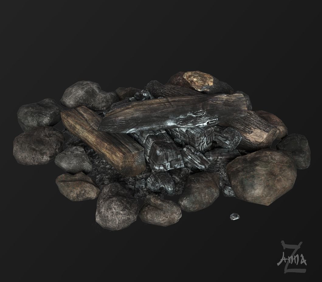 The Bonfire fire pit with logs and rocks Low-poly 3D model_14