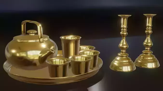 Real golden tea coffee set with candlesticks