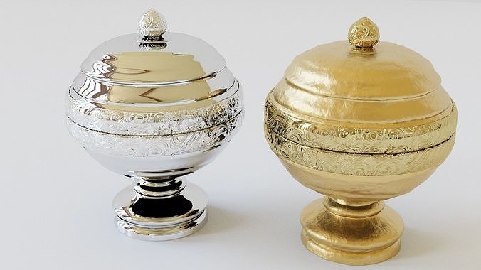 Golden and silver ornamental graved pot Low-poly 3D model