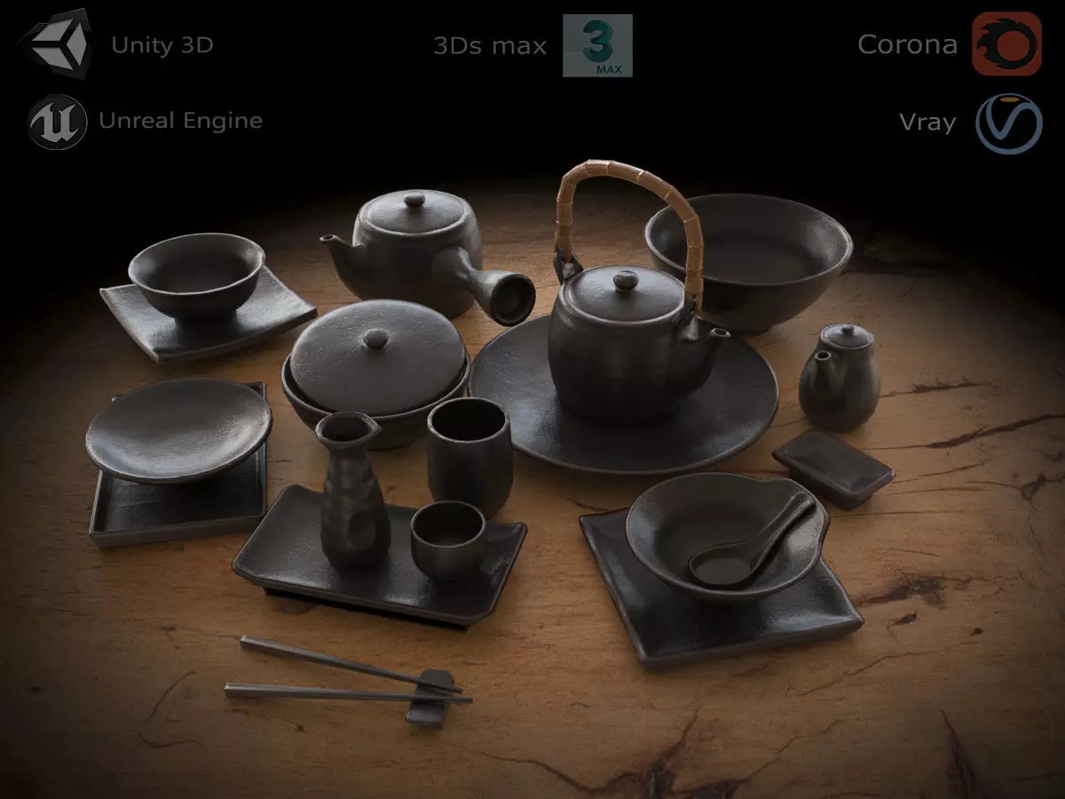 Japanese tableware set Low-poly 3D model_0