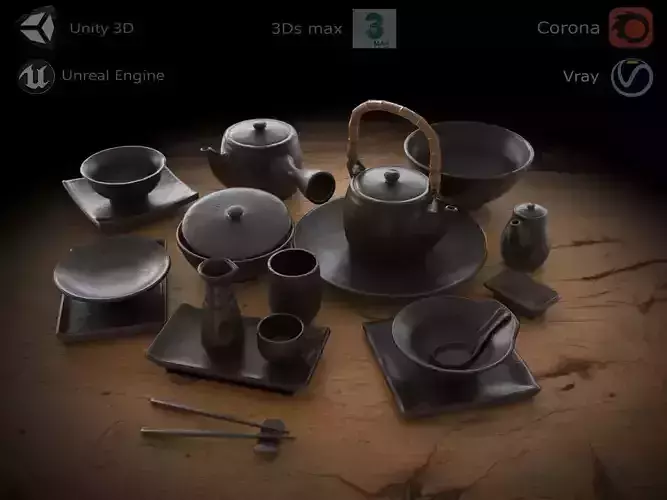 Japanese tableware set Low-poly 3D model