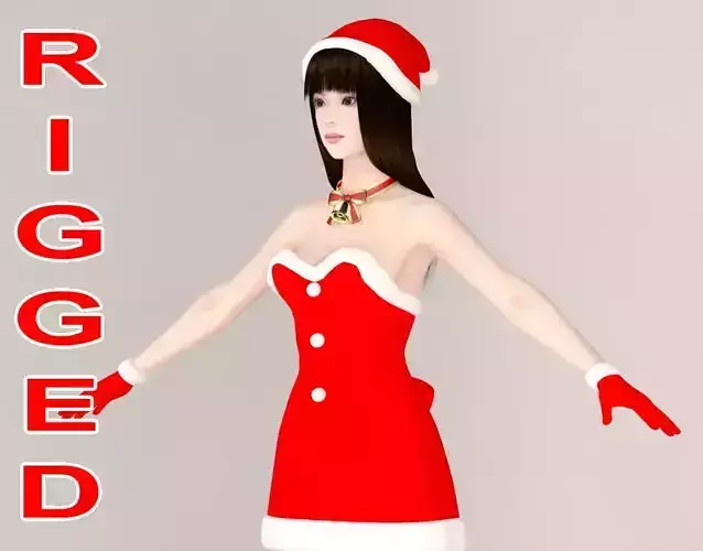 T pose rigged model of Akari in Christmas costume 3D model