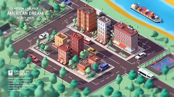 Cartoon Low Poly American Dream City Pack Low-poly 3D model