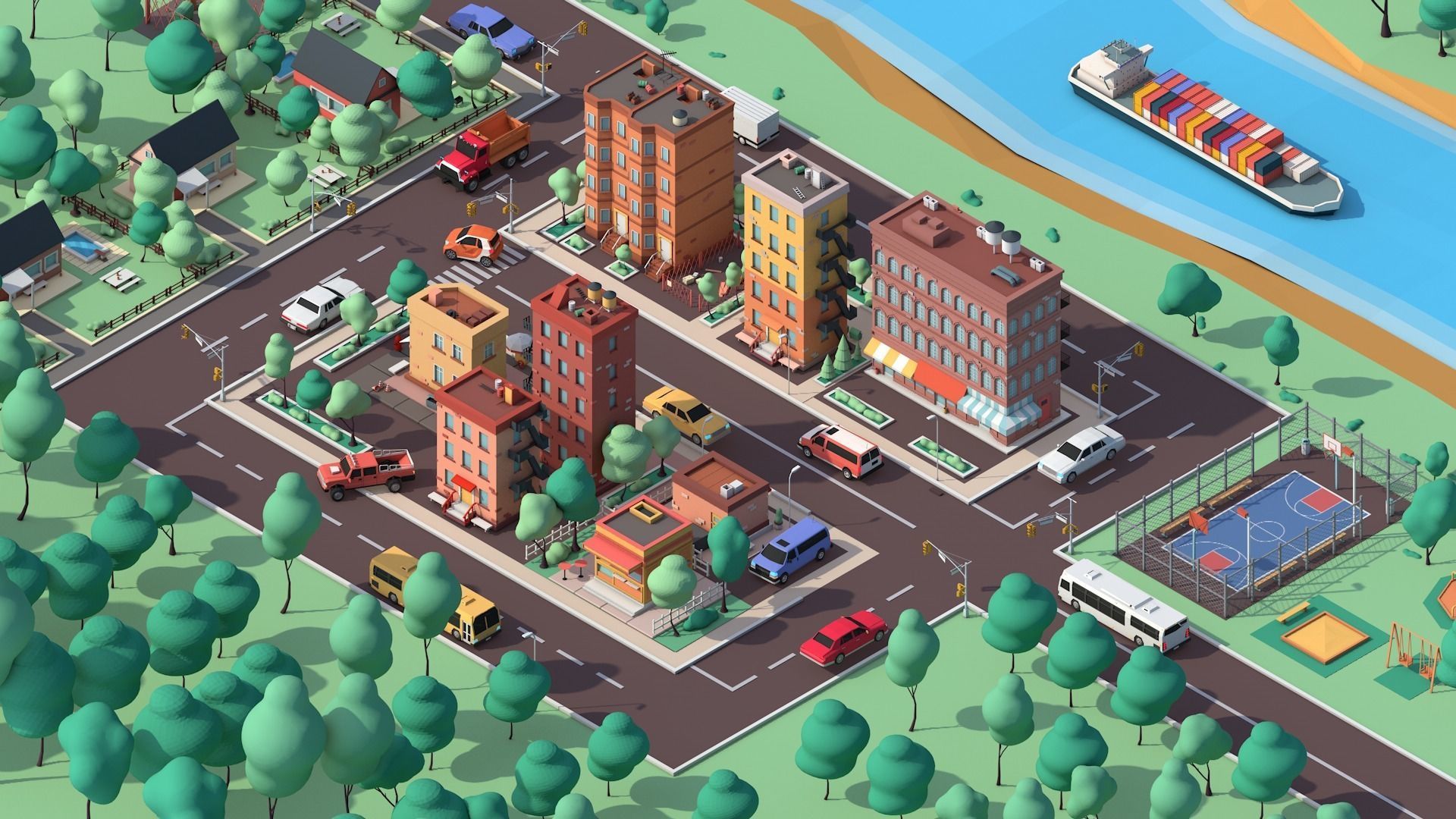 Cartoon Low Poly American Dream City Pack Low-poly 3D model_3