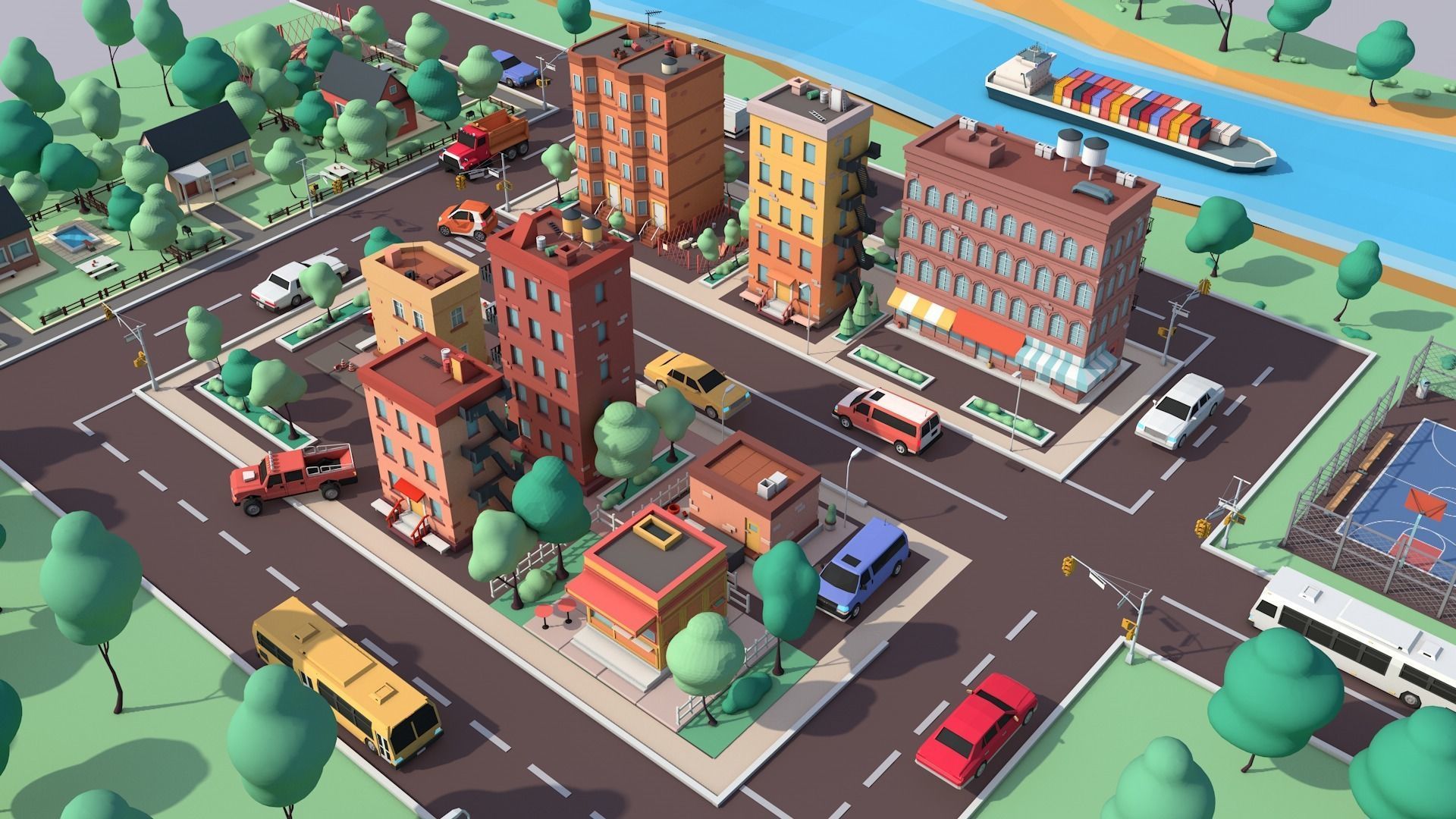 Cartoon Low Poly American Dream City Pack Low-poly 3D model_5
