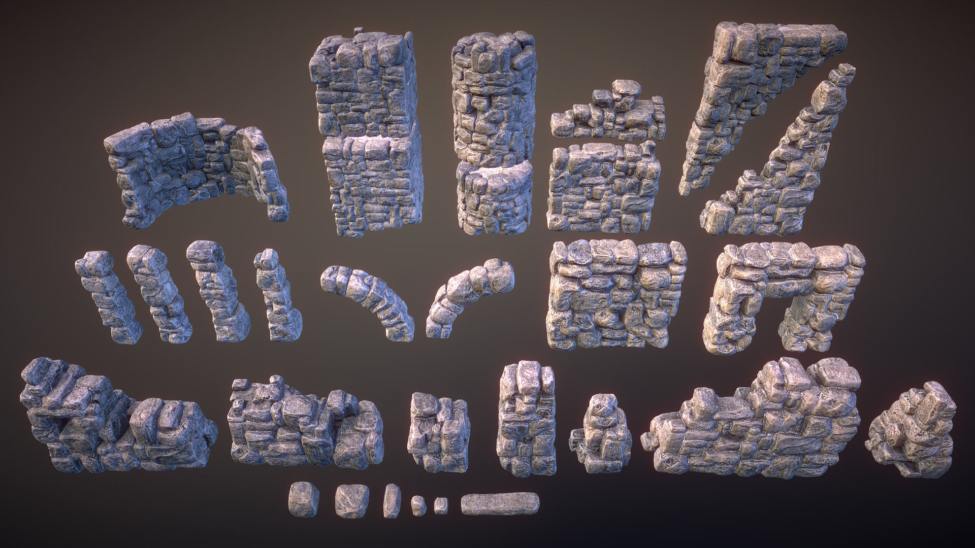 Ruined walls Low-poly 3D model_6