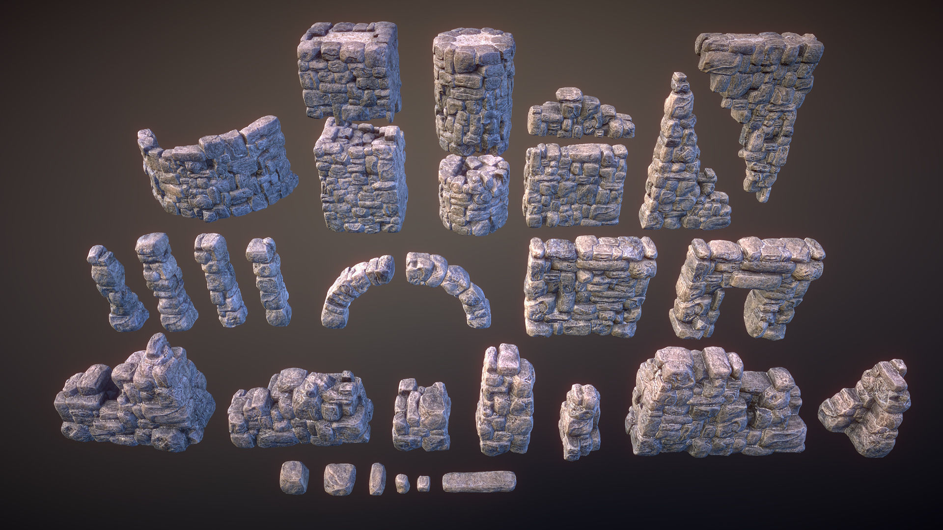 Ruined walls Low-poly 3D model_5