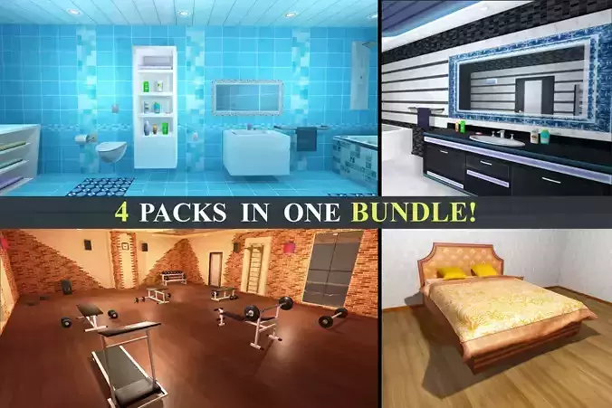 Bundle - Bathrooms Gym and Furniture Props Low-poly 3D model