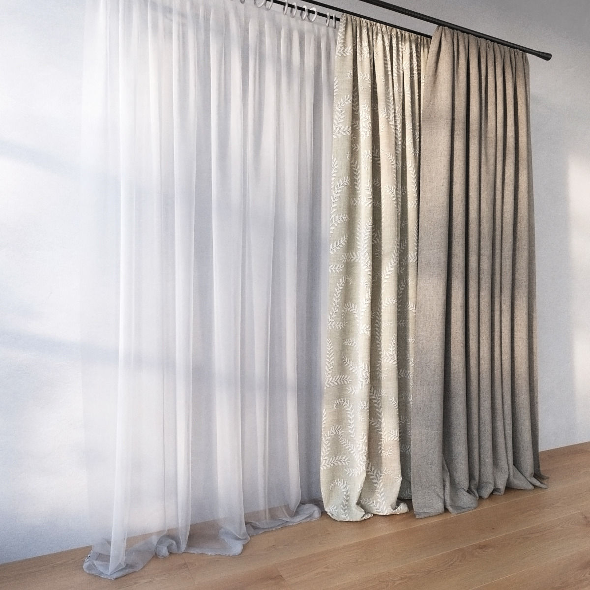 Curtain curtains hanging on wooden rod 3D model_2