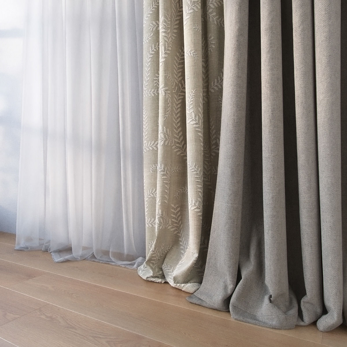 Curtain curtains hanging on wooden rod 3D model_1