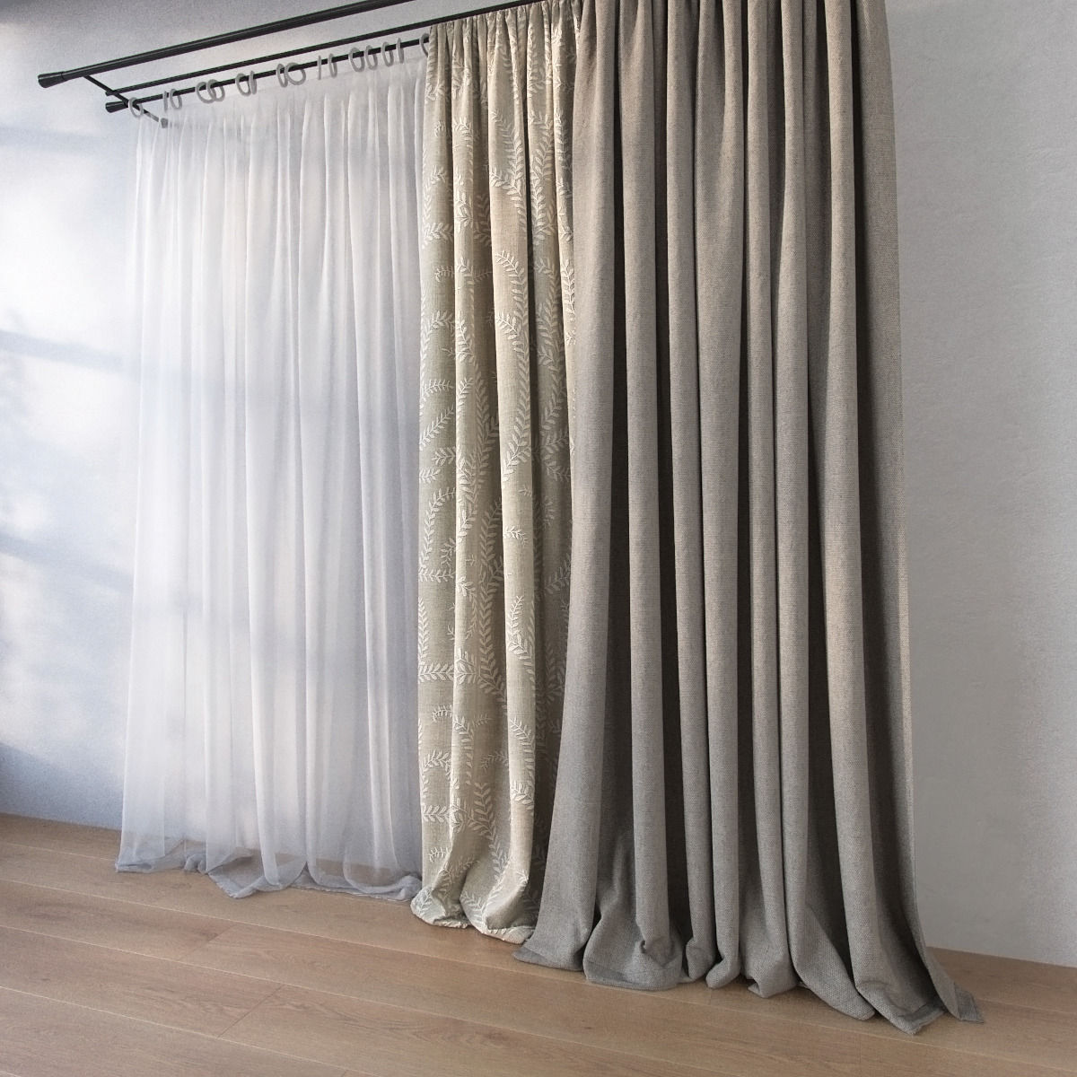 Curtain curtains hanging on wooden rod 3D model_3
