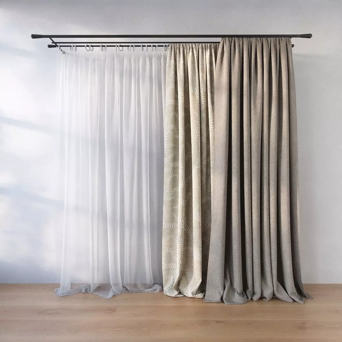 Curtain curtains hanging on wooden rod 3D model_0