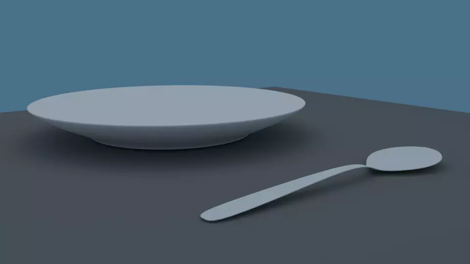 plate bowl and spoon on table 3D model_0