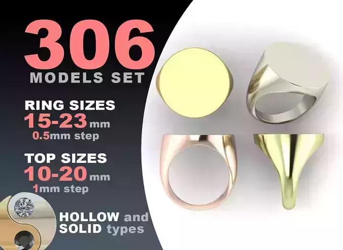 Signet rings set ROUND top 3D print model