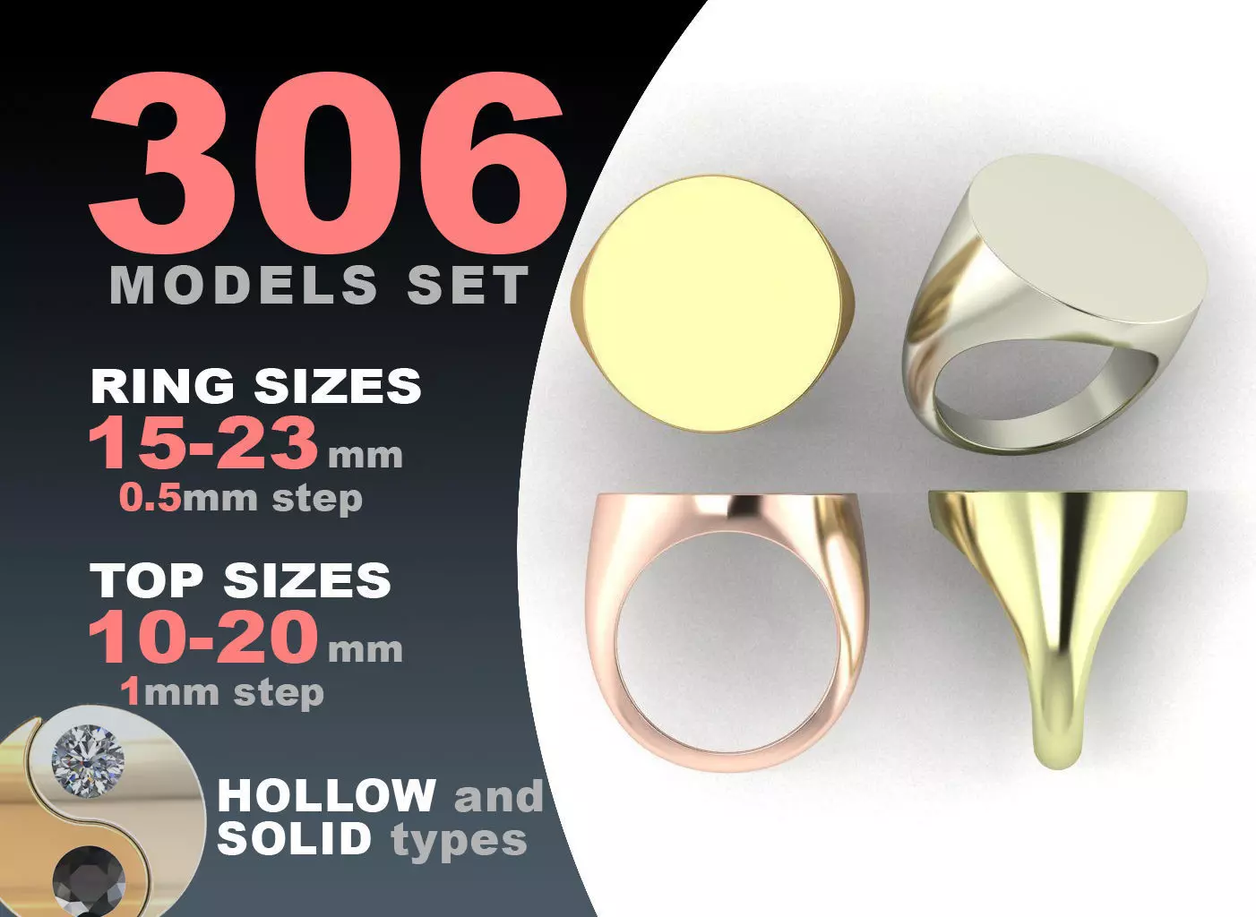 Signet rings set ROUND top 3D print model