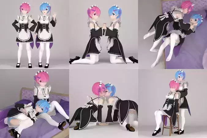 6 poses of Ram and Rem anime girl