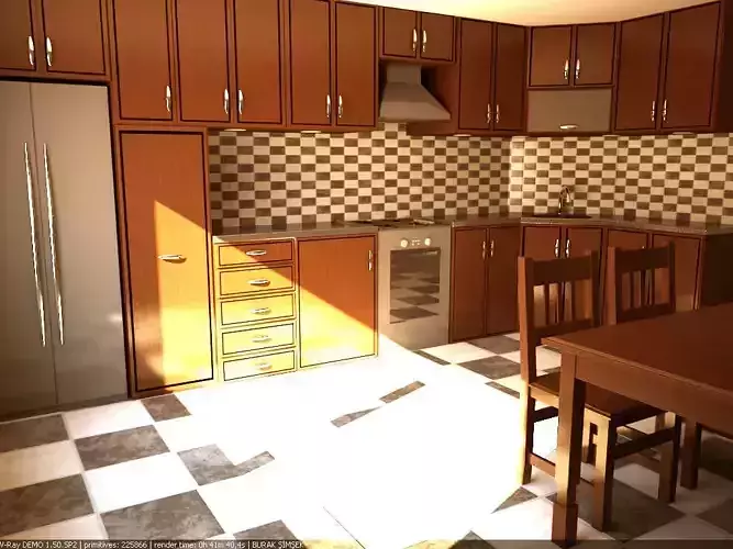 Kitchen with wooden cabinets and checkered floor