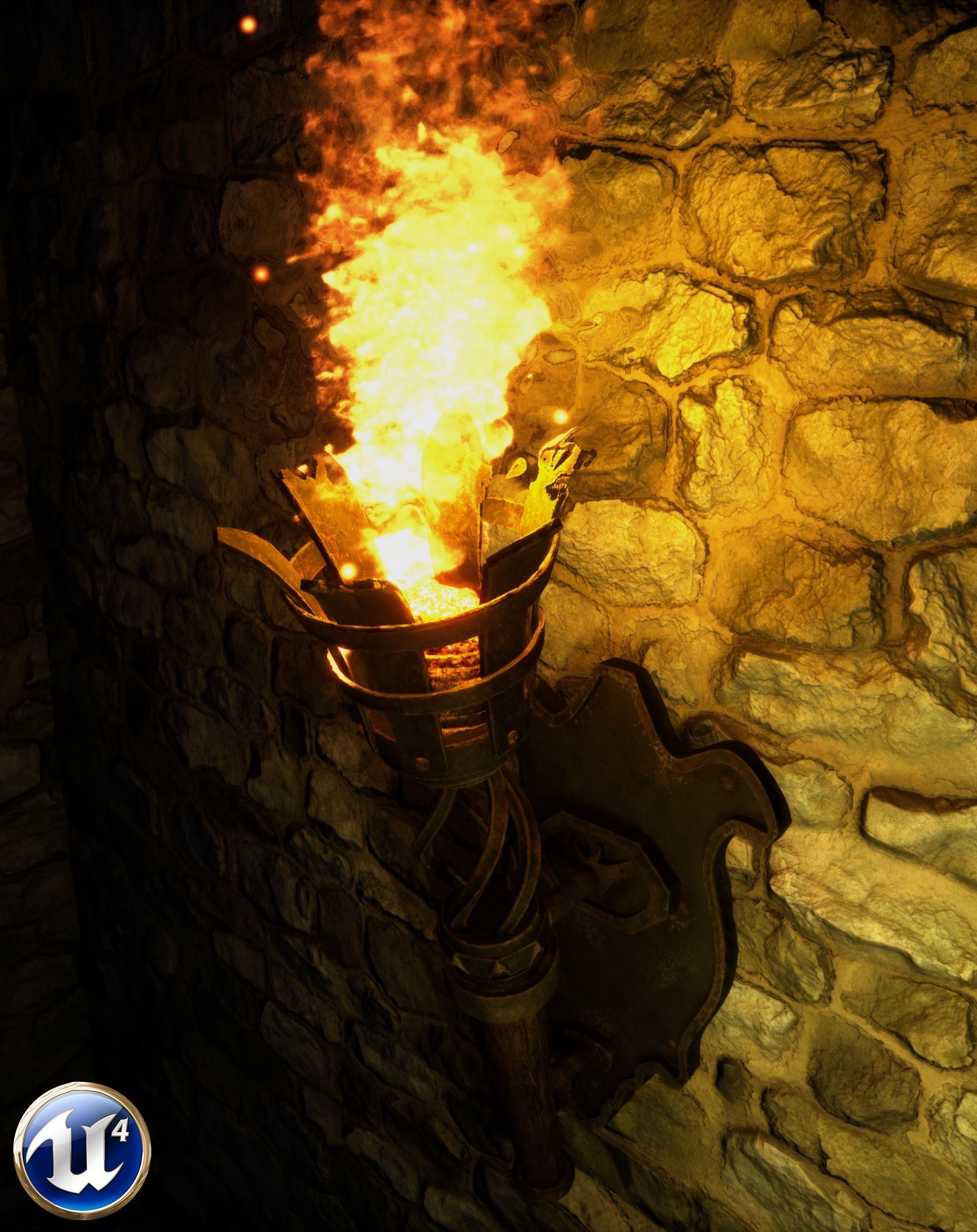 Medieval Burning Torch and Holder 3D Model 3D model_1