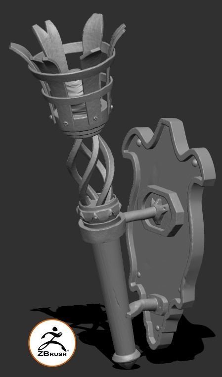 Medieval Burning Torch and Holder 3D Model 3D model_7