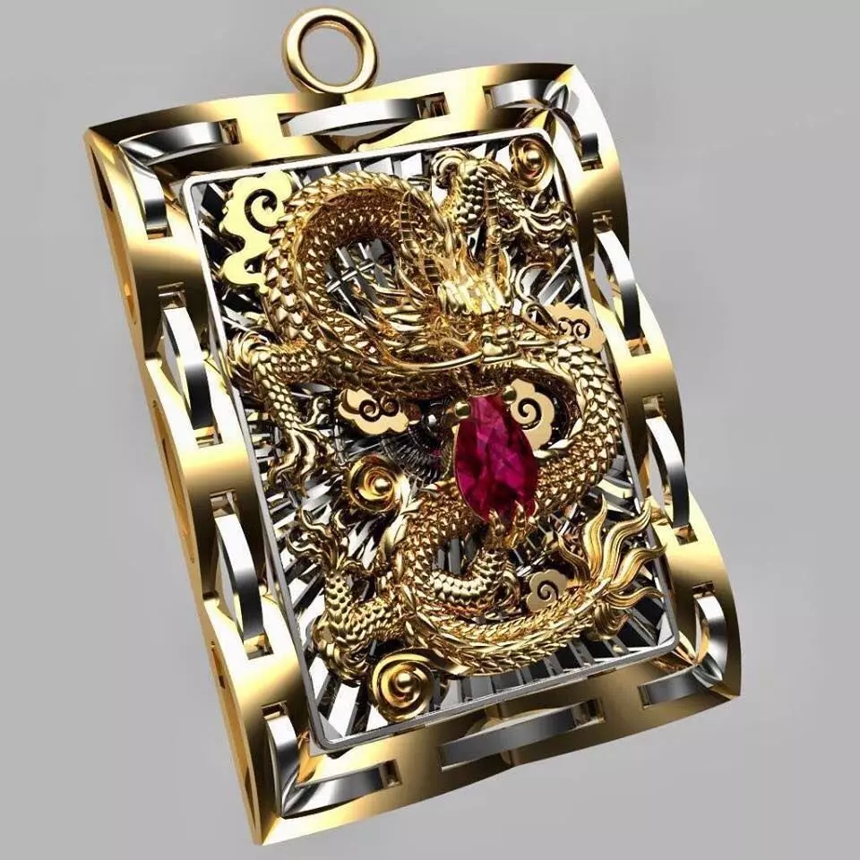 Pendants gold dragon pendant with ruby stone 3D print model_0