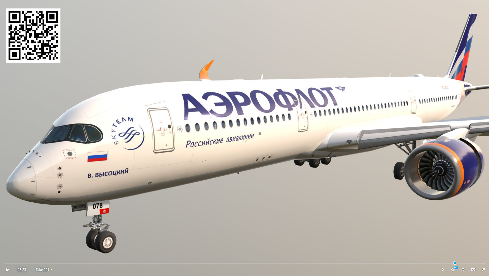 Airbus A350-900 Aeroflot livery Low-poly 3D model_1