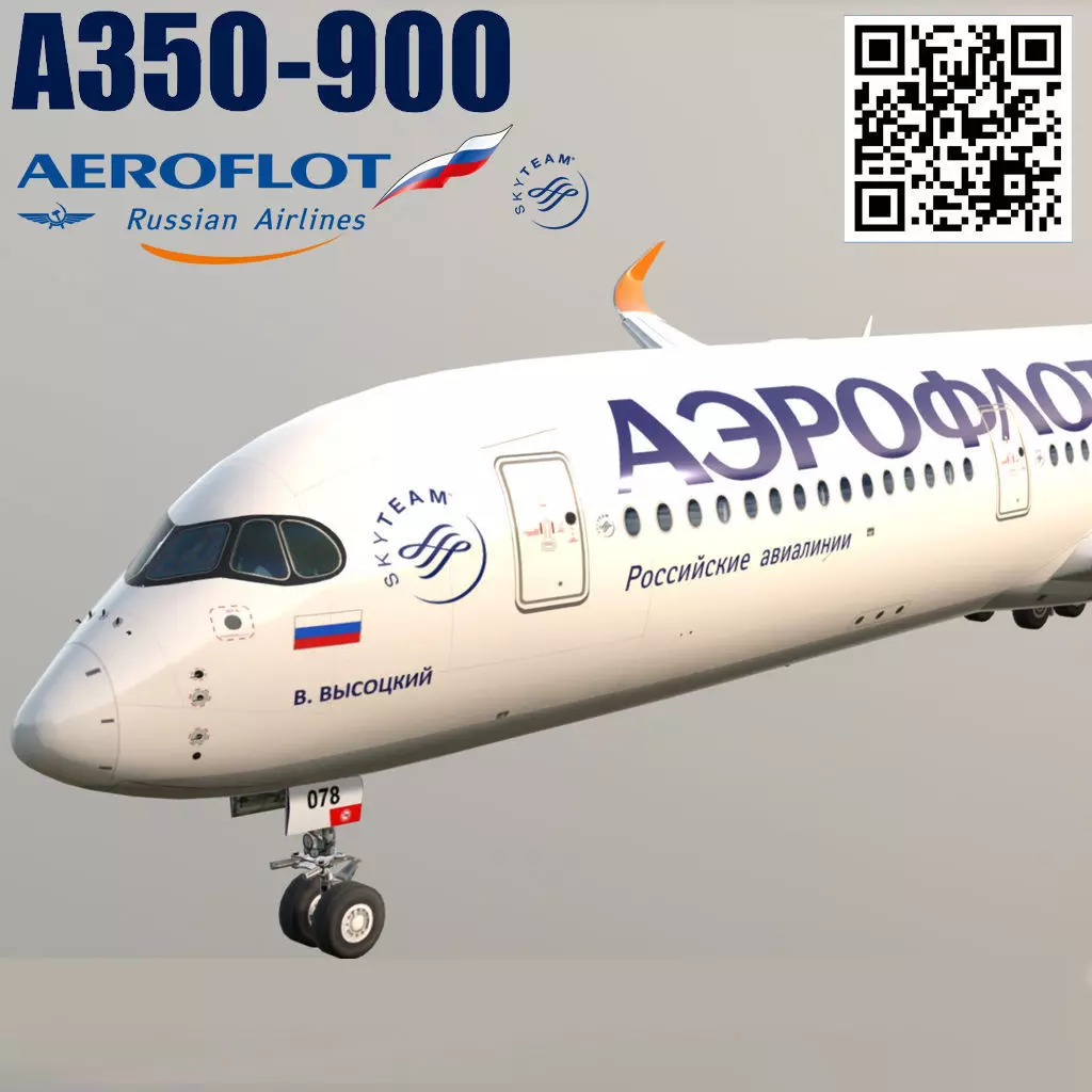 Airbus A350-900 Aeroflot livery Low-poly 3D model_0